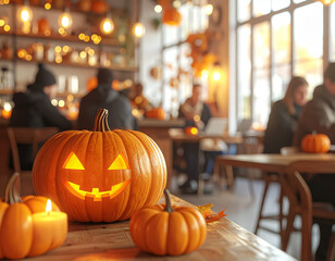 Autumn Coffee Shop Scene with Students Studying and Halloween Decor