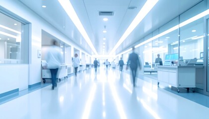 Obraz premium Blurred view down a sterile, brightly lit hallway, with indistinct figures walking and working, creates a cold, clinical atmosphere