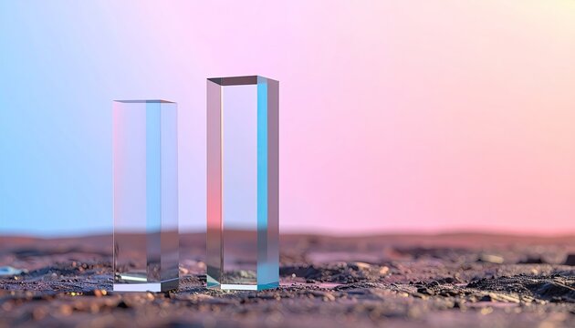 Two translucent rectangular prisms on a textured surface, soft pastel background