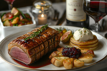 Exquisite French Dinner Set with Plated Roast, Sides, and Wine for Elegant Fine Dining Experience