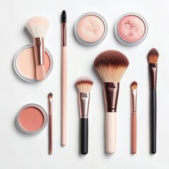 Makeup brushes and compacts in soft pinks and beiges, flat lay