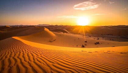 A breathtaking view of desert dunes bathed in the golden light of a sunset, with sunrays piercing the horizon