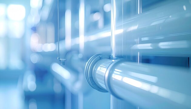 A close-up shows a series of pale blue pipes, creating a depth of field effect, with blurred elements in the background and foreground