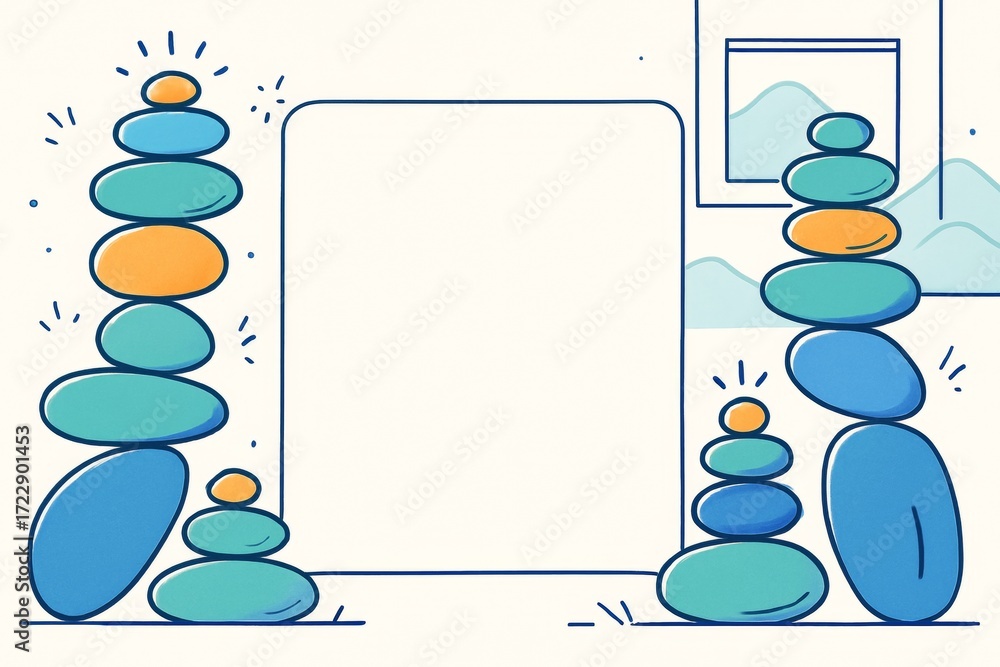 Poster empty rectangular mockup with colorful stacked stones in clean minimal layout for product display or