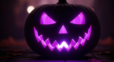 Spooky glowing jack-o'-lantern with eerie purple light creates festive Halloween atmosphere