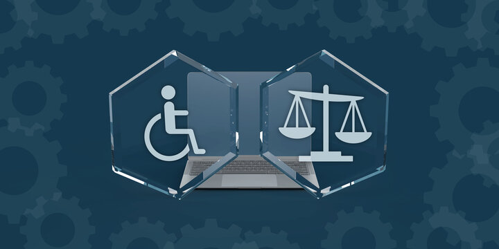 Depiction of a laptop flanked by hexagonal glass panes, one featuring an accessibility icon and the other a scale of justice, symbolizing digital accessibility laws and regulations.