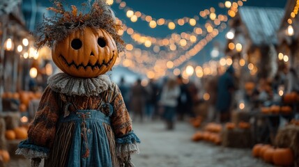 Pumpkin-headed scarecrow in rustic dress at Halloween market with festive lights, autumn decorations, and blurred crowd Generative AI