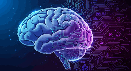 Fototapeta premium Three dimensional rendering of a human brain glowing with vibrant blue and purple light.