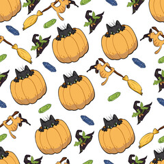 A pattern with a witch's cat flying on a broom, Halloween