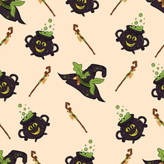 Pattern of a witch's cauldron, staff, and witch's hat