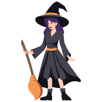Girl dressed as witch holding broomstick in Halloween