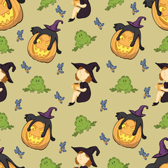Pattern witch with coffee, frog, Halloween