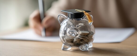 The financial planning concept with a piggy bank wearing a graduation cap.