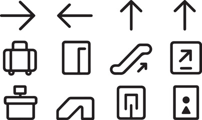 Airport navigation icons for modern travel designs, perfect for wayfinding and app interfaces, ensuring smooth journeys and clear directions for global travelers