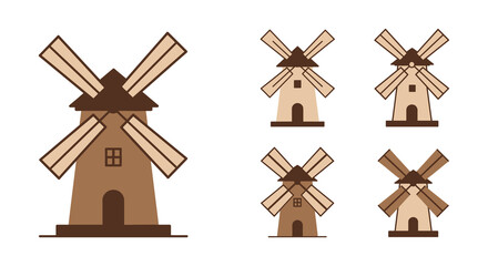 Stylized illustration of traditional windmills in varying perspectives and sizes