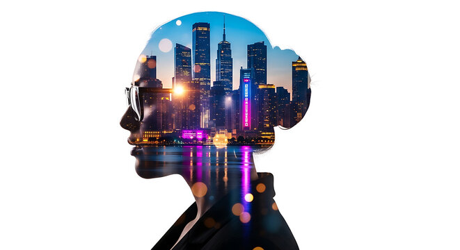 Mind of the city: Modern woman's profile with nighttime skyline double exposure