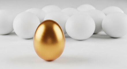Golden egg standing out amongst many white eggs, symbolizing uniqueness and value.