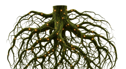 Intricate moss-green roots with glowing amber nodes, macro shot on transparent background with copy space, emphasizing natural wonder and organic wisdom