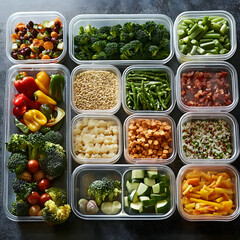 Vibrant Vegetable Variety: A colorful and organized assortment of fresh, chopped vegetables are neatly arranged in transparent containers, ready for a healthy meal or meal prep.