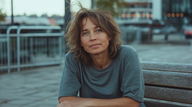 Middle-aged woman sitting on a bench outdoors, enjoying a moment of relaxation in a serene environment