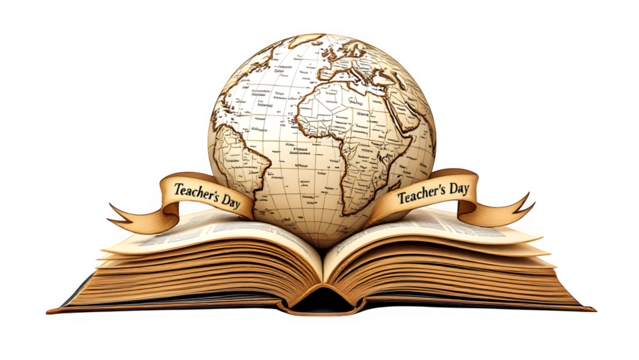 Teacher's Day Globe and Open Book, isolated on transparent background - Powered by Adobe
