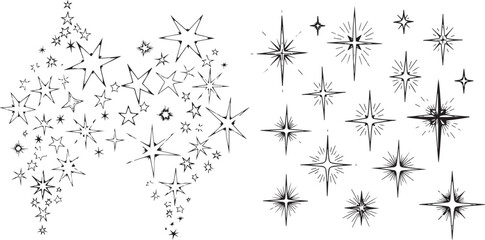 Collection of Black and White Star Illustrations featuring Hand-Drawn Abstract Shapes and Radiant Sparkle Elements