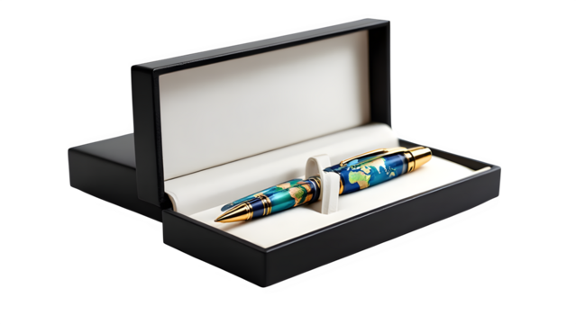 Luxury globe pen in gift box, isolated on transparent background