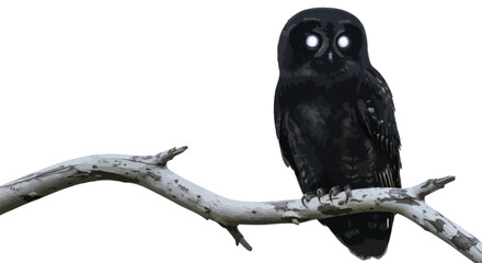 Intense gaze of a majestic charcoal owl perched upon a weathered branch in nature