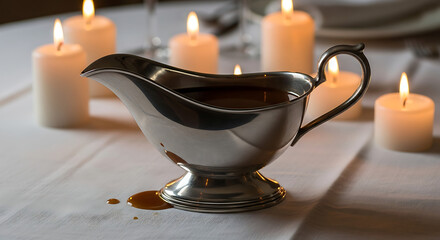 Silver gravy boat filled with dark sauce surrounded by lit candles on a white tablecloth table setting ai generated