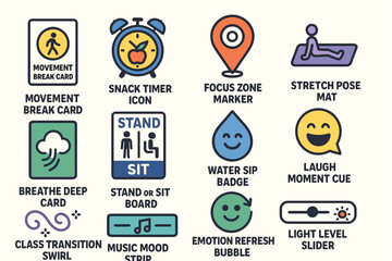 Icons for movement breaks, focus zones, and emotion refresh activities