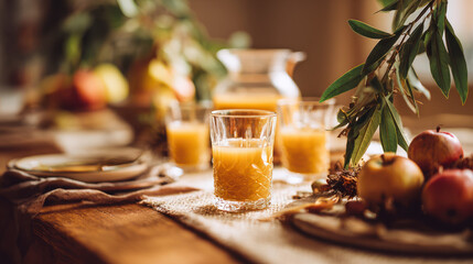 Golden autumn scene of holiday preparation, featuring fresh apples and juice on a rustic table.