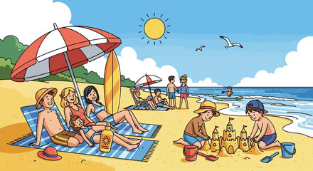 Family and children enjoying a sunny beach day building sandcastles and relaxing.