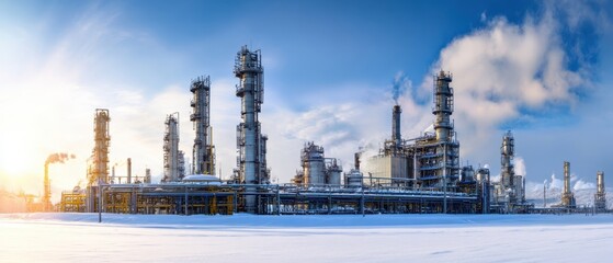 Obraz premium The expansive oil refinery against a stunning winter sunrise landscape.