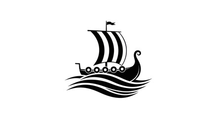 Monochrome representation of a Viking ship sailing across stylized waves on a voyage