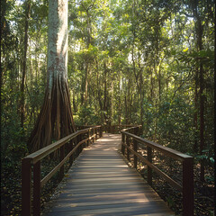 Fototapeta premium Path Through The Green Paradise: A serene wooden path winds its way through a lush, verdant forest, inviting exploration of nature's embrace. Capturing the serenity.