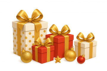 Obraz premium Grouping of festive holiday gifts wrapped in red and white with golden bows, alongside shiny golden and red christmas ornaments