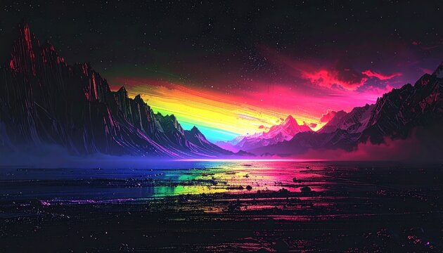 Vivid, surreal landscape with water reflecting a vibrant rainbow sky. Jagged mountains frame the colourful horizon and dark foreground