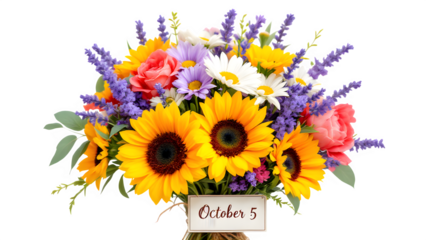 Autumn Flower Bouquet with October 5th Sign, isolated on transparent background