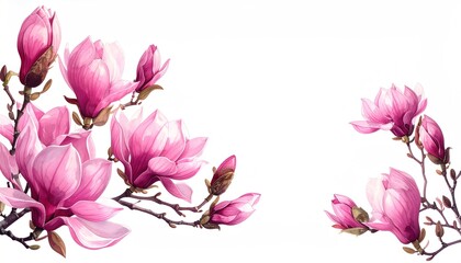 Naklejka premium Pink watercolor magnolias with delicate stems fill the frame on a crisp white background, evoking elegance and a floral motif