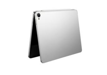 Sleek, ultra-thin, modern metallic silver digital tablet, closed and folded, showcasing its seamless magnetic closure on a transparent studio background. Concept of advanced technology