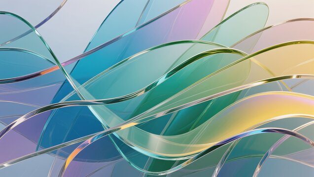 Vibrant abstract artwork featuring flowing glass-like waves within blue, green, yellow, and purple tones, featuring smooth reflections and soft lighting creating the modern fluid design