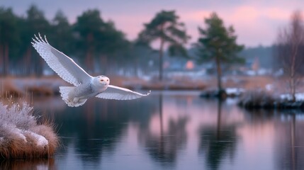 Fototapeta premium Majestic White Owl in Flight Over Tranquil Winter Lake at Dusk Cinematic Hdr Wildlife