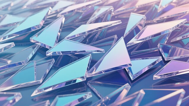 Abstract arrangement of translucent glass triangles within pastel blue and purple tones, illuminated featuring soft reflective lighting, creating the futuristic geometric composition