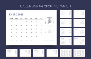Spanish calendar for 2026. Calender template. Week starts Monday. Planner layout with 12 month. Yearly organizer. Desk schedule grid. Vector simple illustration. Horizontal monthly diary with pages
