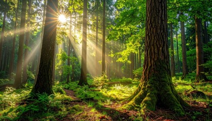 Obraz premium Sun shines through a forest. Trees stand tall with thick trunks and a verdant canopy. Rays of light bathe the forest floor