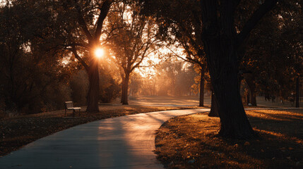 Golden autumn sunlight streams through trees on a winding pathway, creating a serene scene.