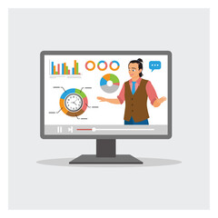 Businessman Expert Explains Business Pie Chart in Video Interface on Computer.