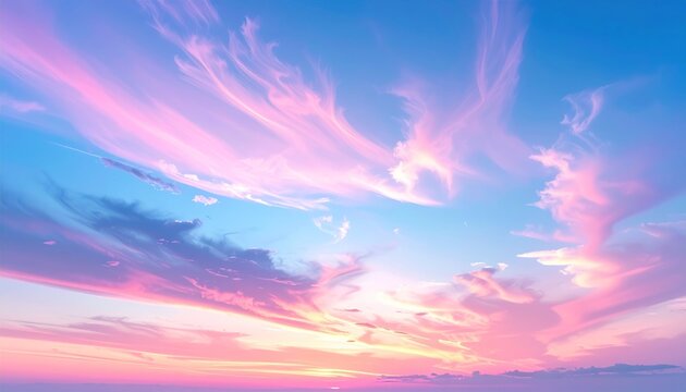 Vibrant sky at sunset with pink and blue cirrus clouds creating a dreamy, surreal, and beautiful atmosphere above the horizon - Powered by Adobe