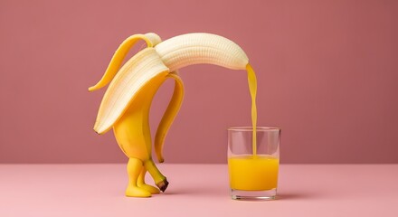 Surreal concept of a banana pouring its own juice into a glass.