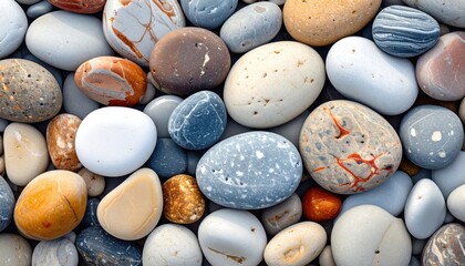 A dense close-up featuring a collection of smooth, multicolored sea stones, with varying sizes and shapes